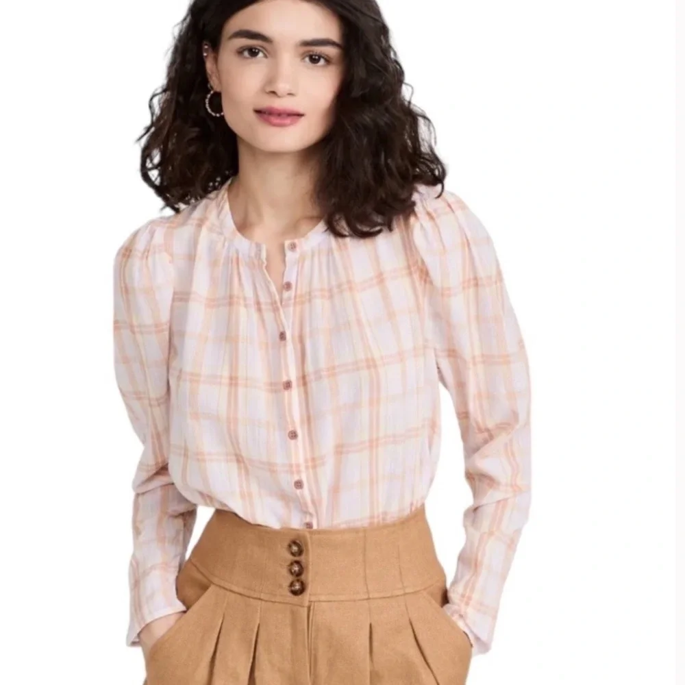 ULLA JOHNSON Nour Blouse Button Down Balloon Sleeve Pink Orange Size 2